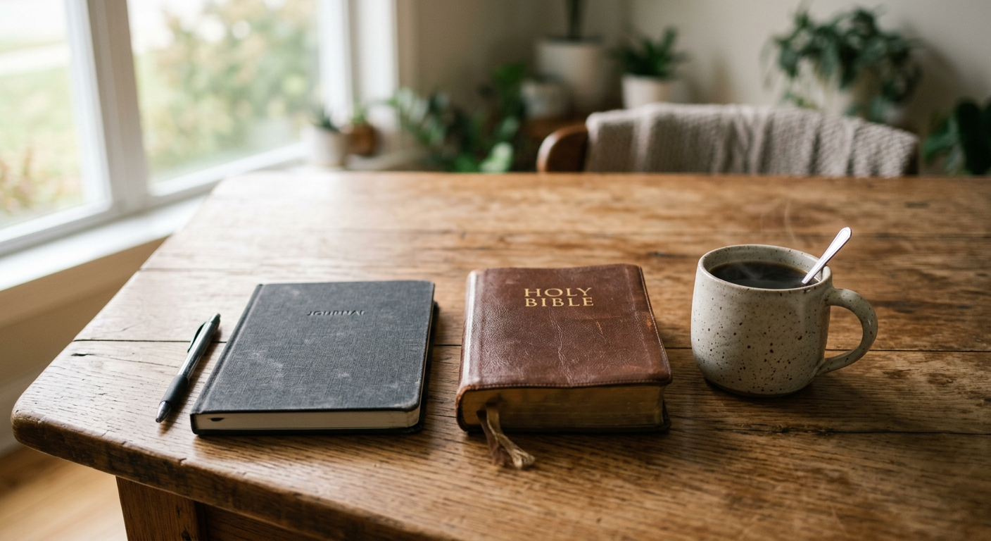 A journal, Bible, and coffee on a table in soft morning light, symbolizing intentional spiritual rhythms.