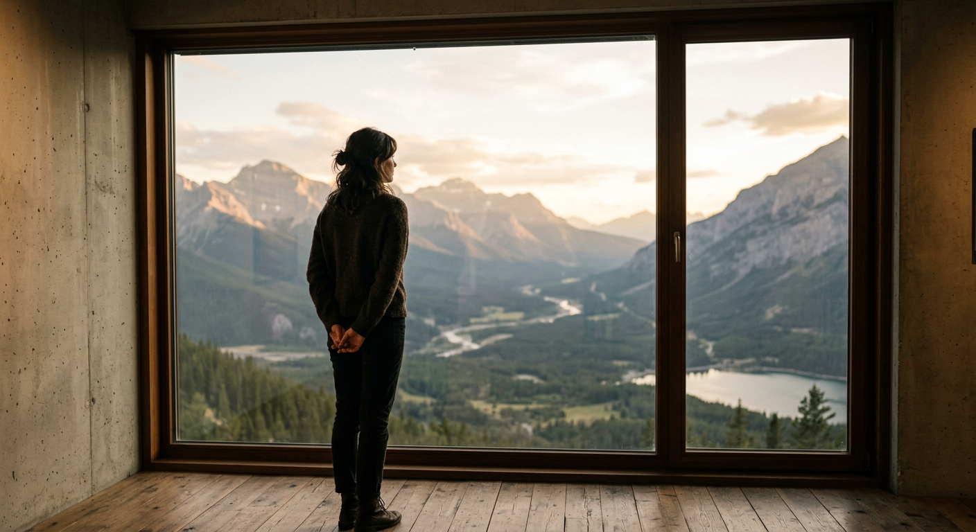 A person quietly observing a landscape in soft light, symbolizing attentive and prayerful seeing.
