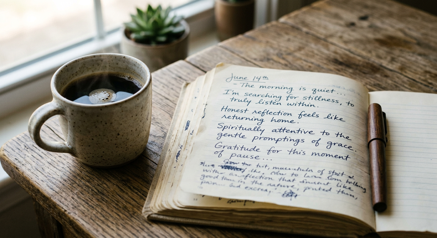 An open handwritten journal beside a cup of coffee in soft light, symbolizing honest reflection and spiritual attentiveness.