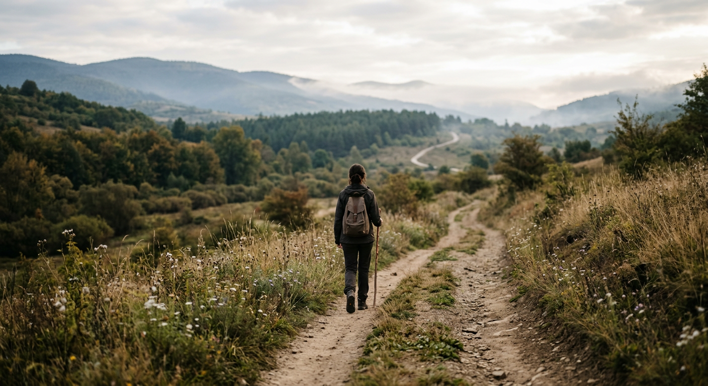 A person walking along a quiet path in soft morning light, symbolizing pilgrimage and spiritual journey.
