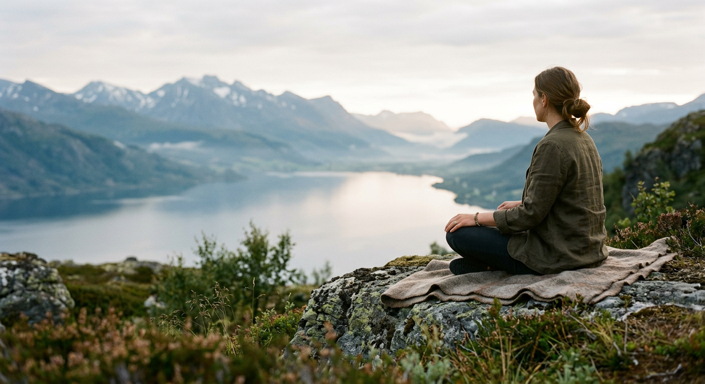 A person quietly sitting in nature in soft light, symbolizing retreat and spiritual renewal.