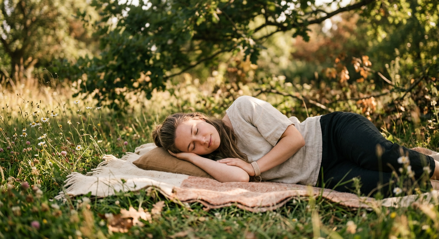 A peaceful person resting in soft natural light, symbolizing renewal and healthy self-care.