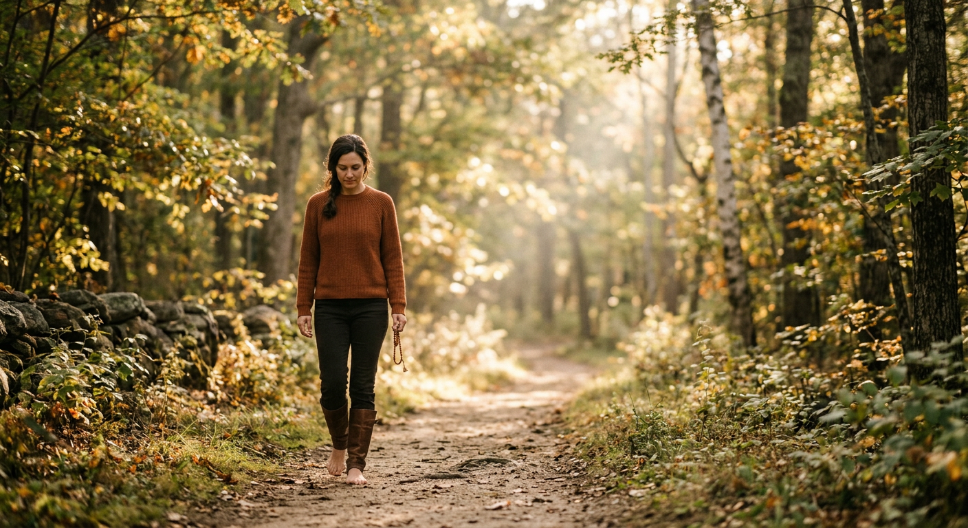 A person walking slowly along a quiet path in soft light, symbolizing slowing down and attentiveness.