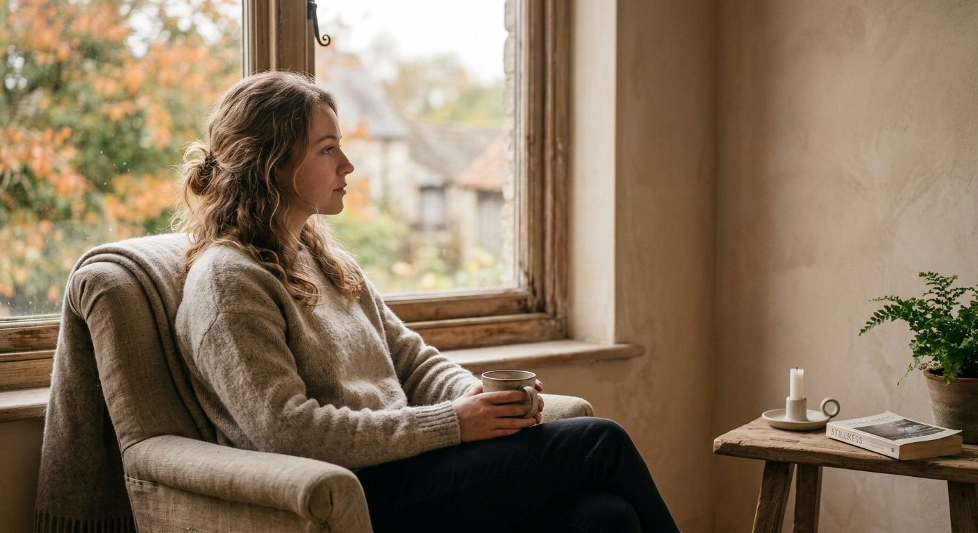 A person sitting quietly by a window in soft light, symbolizing stillness and reflection.