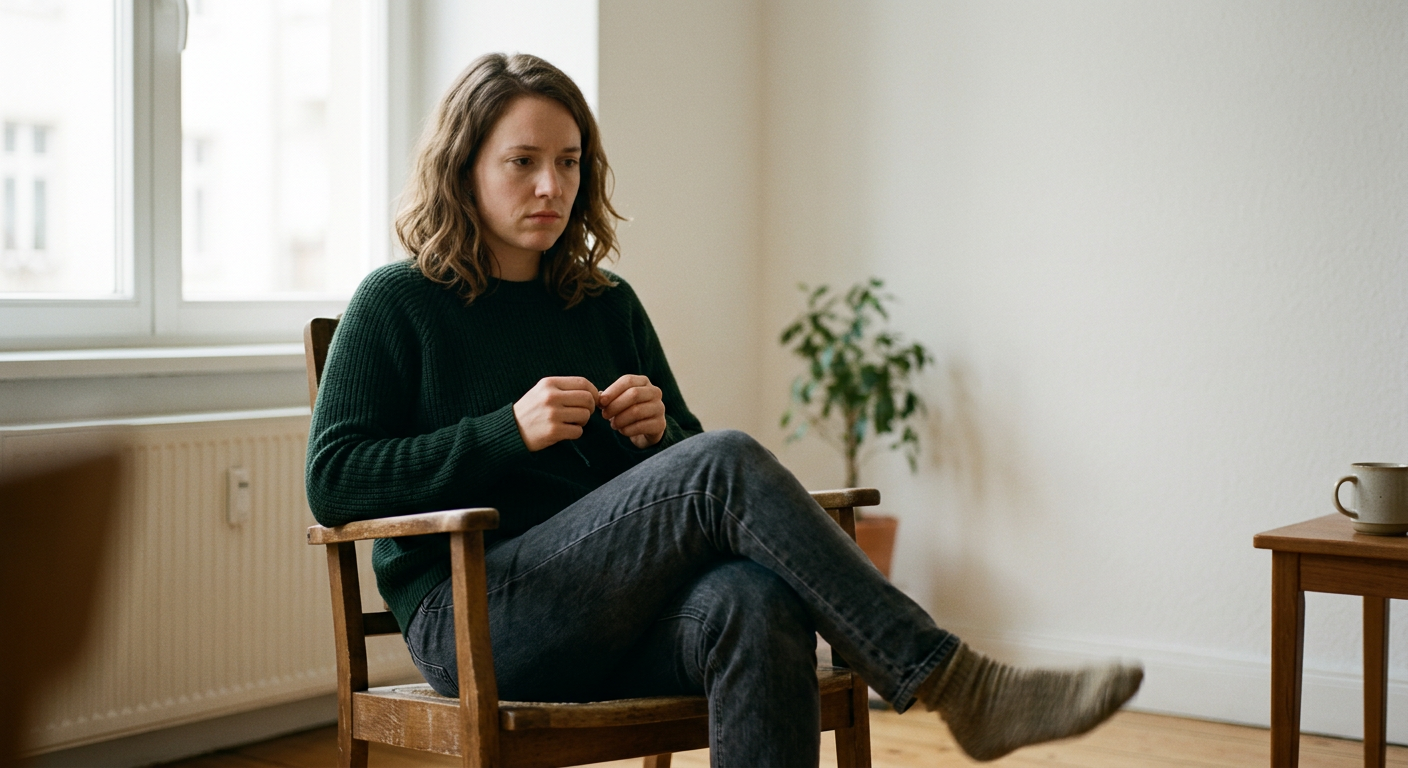 A person sitting in soft light with subtle movement, symbolizing restlessness and inner tension.