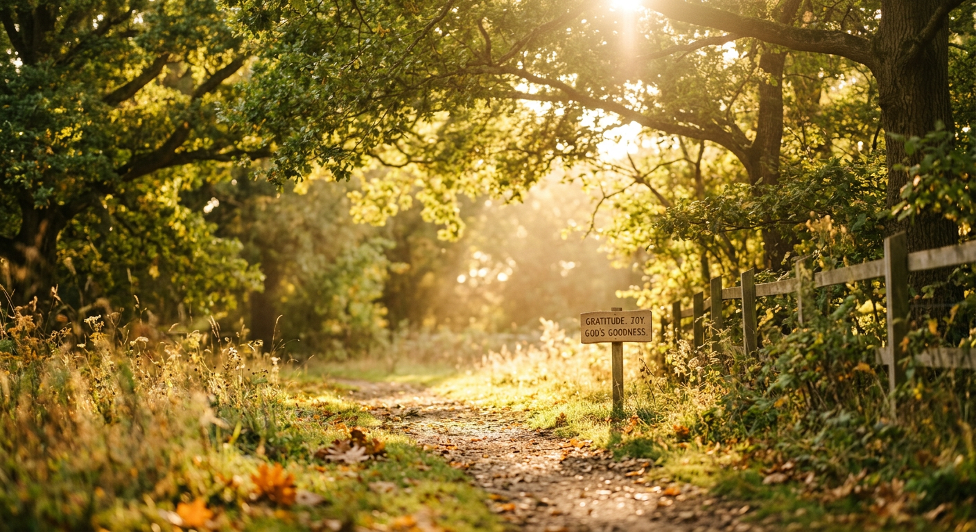 Warm sunlight shining through trees, symbolizing joy, gratitude, and God’s goodness in ordinary life.