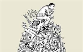 Image of a man in the pose of Rodin's The Thinker sculpture sitting on top of all of his "stuff"