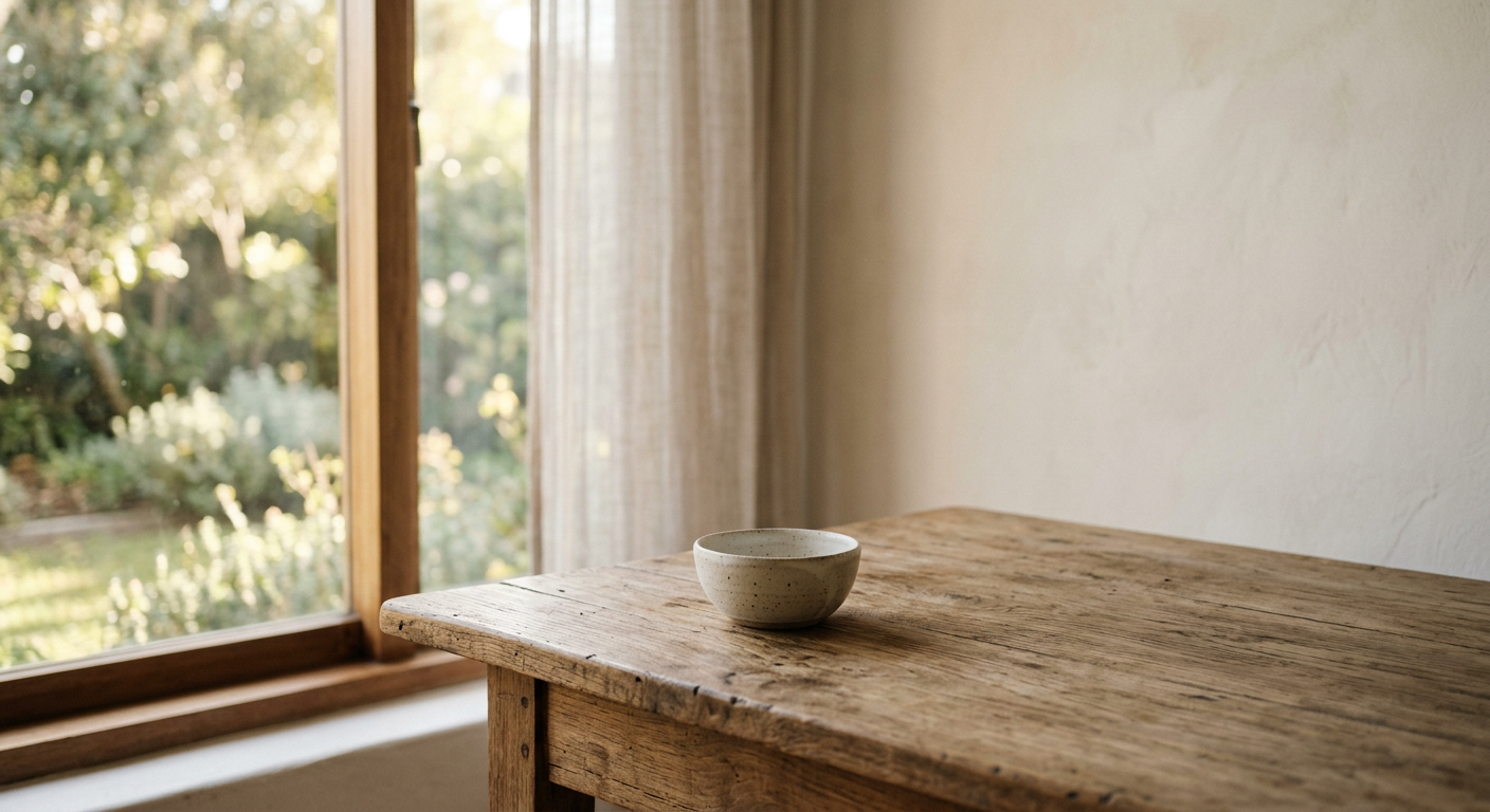 Minimalist wooden table with a single ceramic bowl in soft morning light, representing simplicity and freedom from excess.