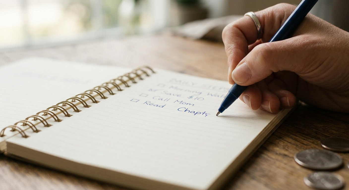 A hand writing in a notebook beside coins on a table in soft natural light, representing small steps toward intentional finan