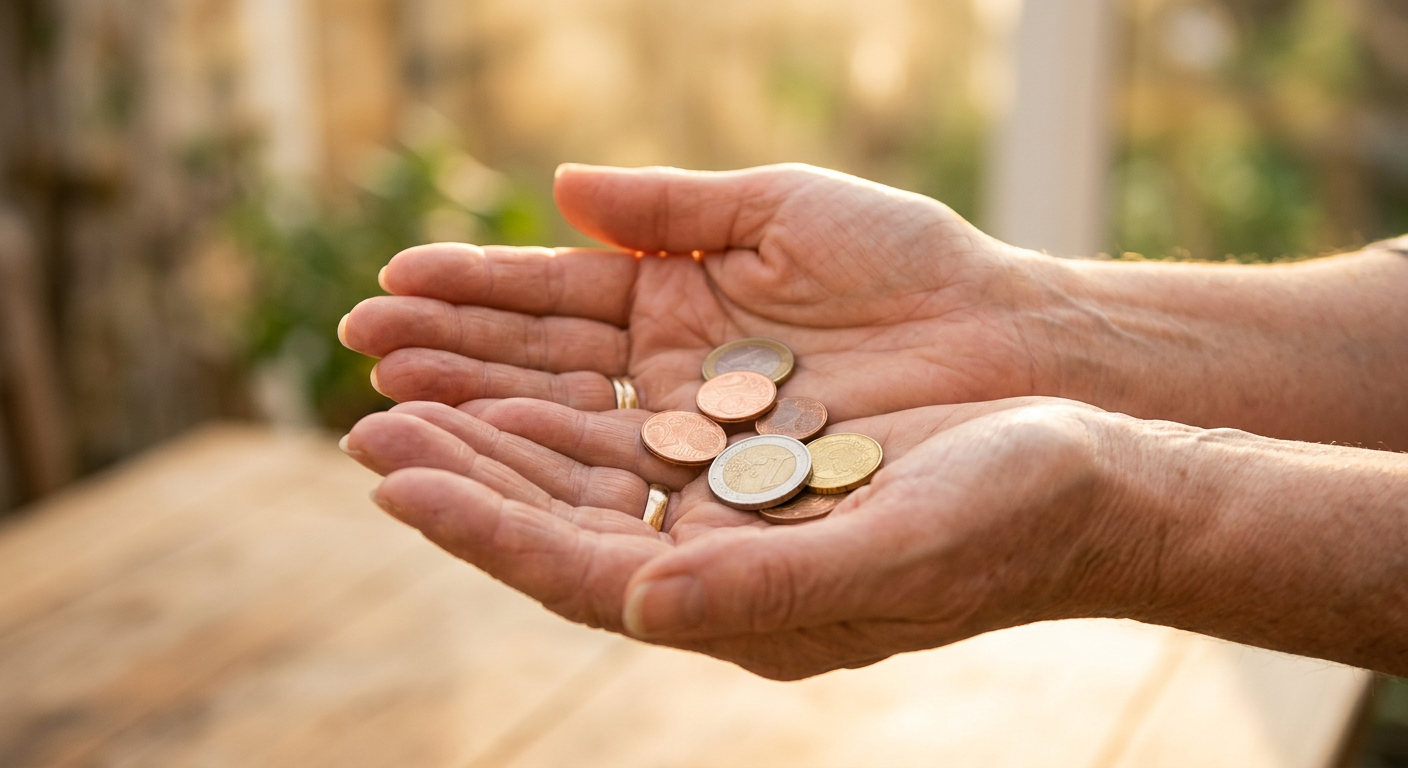 Open hands holding coins in warm sunlight, symbolizing generosity, release, and quiet joy.
