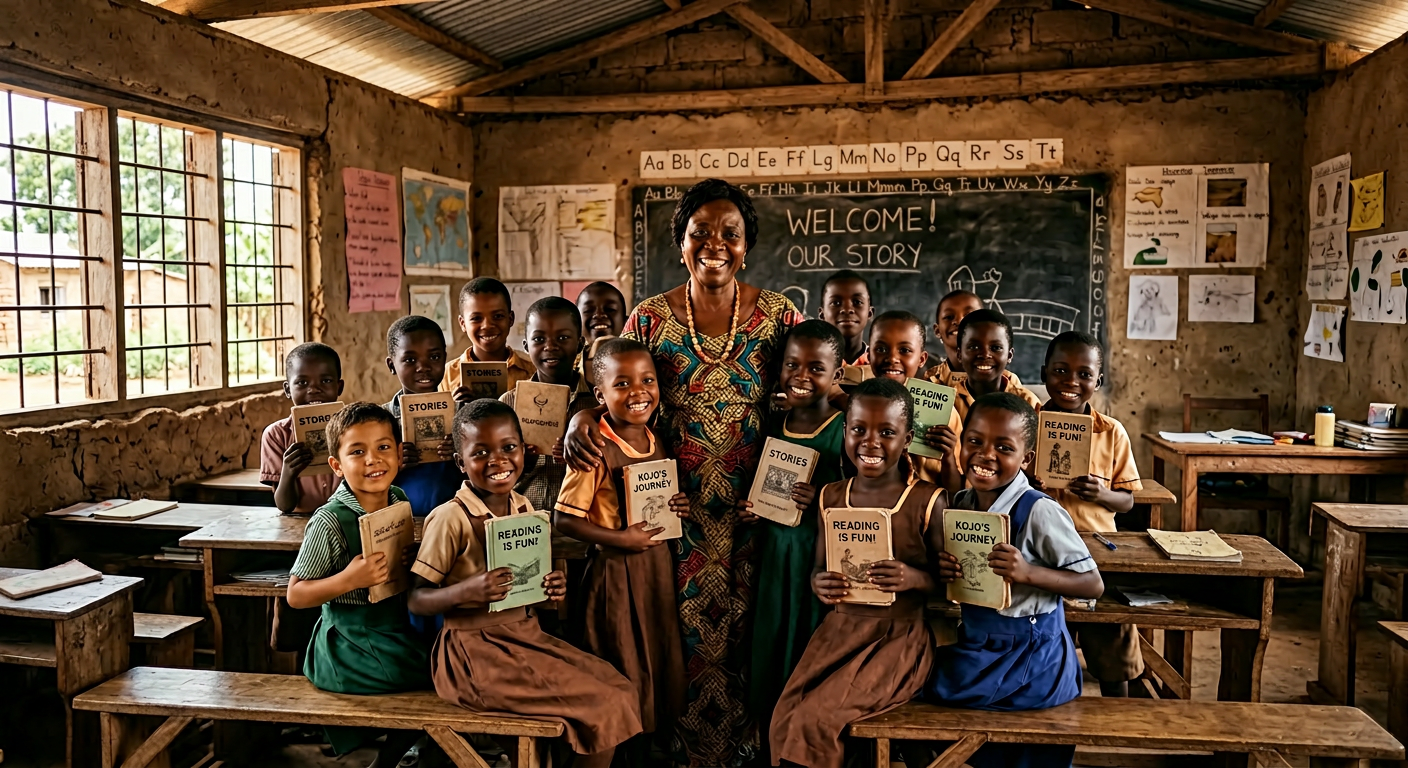 A smiling female teacher stands in a rustic, earth-walled classroom surrounded by a group of joyful young students who are pr