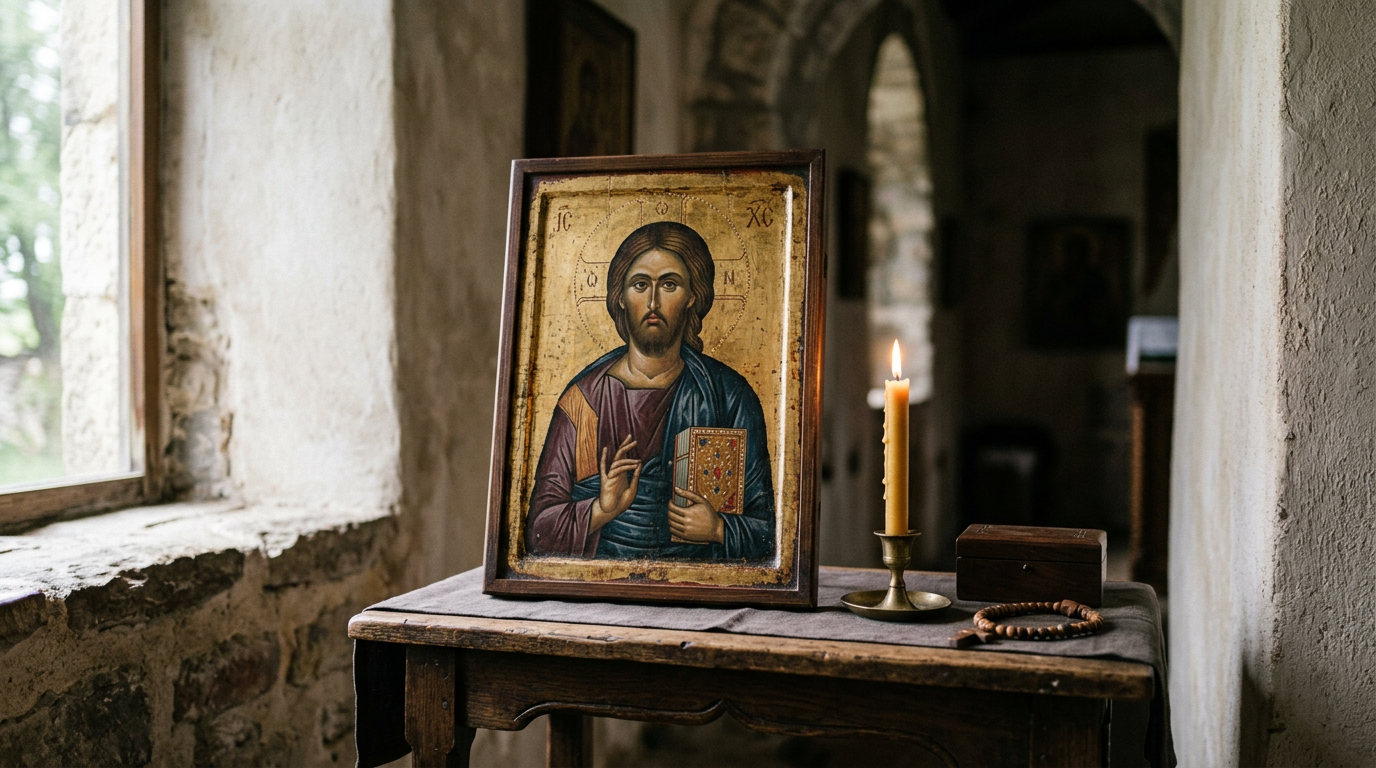 A traditional icon of Christ rests on a wooden stand in gentle window light beside a single burning candle.