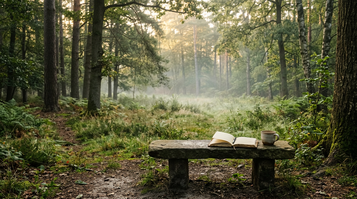 A stone bench in a misty forest clearing holds an open journal and ceramic cup in soft morning light.