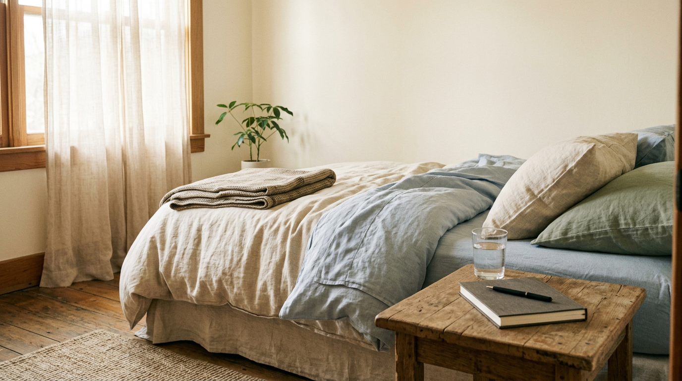 Soft morning light falls across a peaceful room with a journal, water glass, and folded blanket on a bedside table.