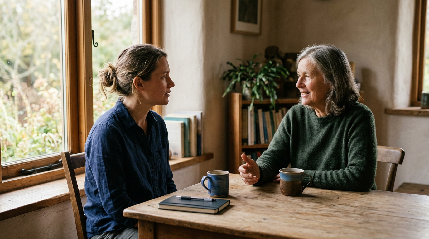 Two adults sit across a wooden table in quiet conversation as one speaks and the other listens attentively.