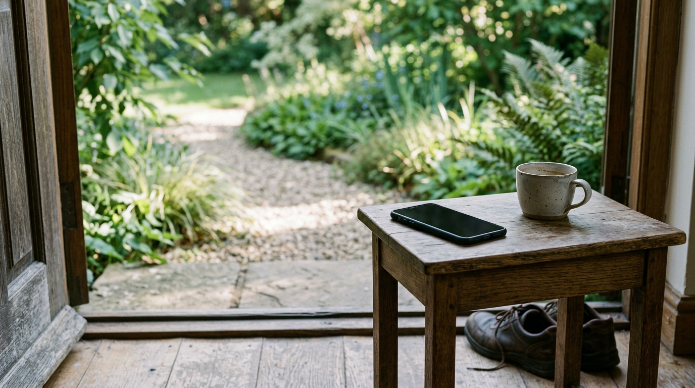 A powered-off phone rests face down beside a cup and walking shoes near an open doorway leading to a sunlit garden path.