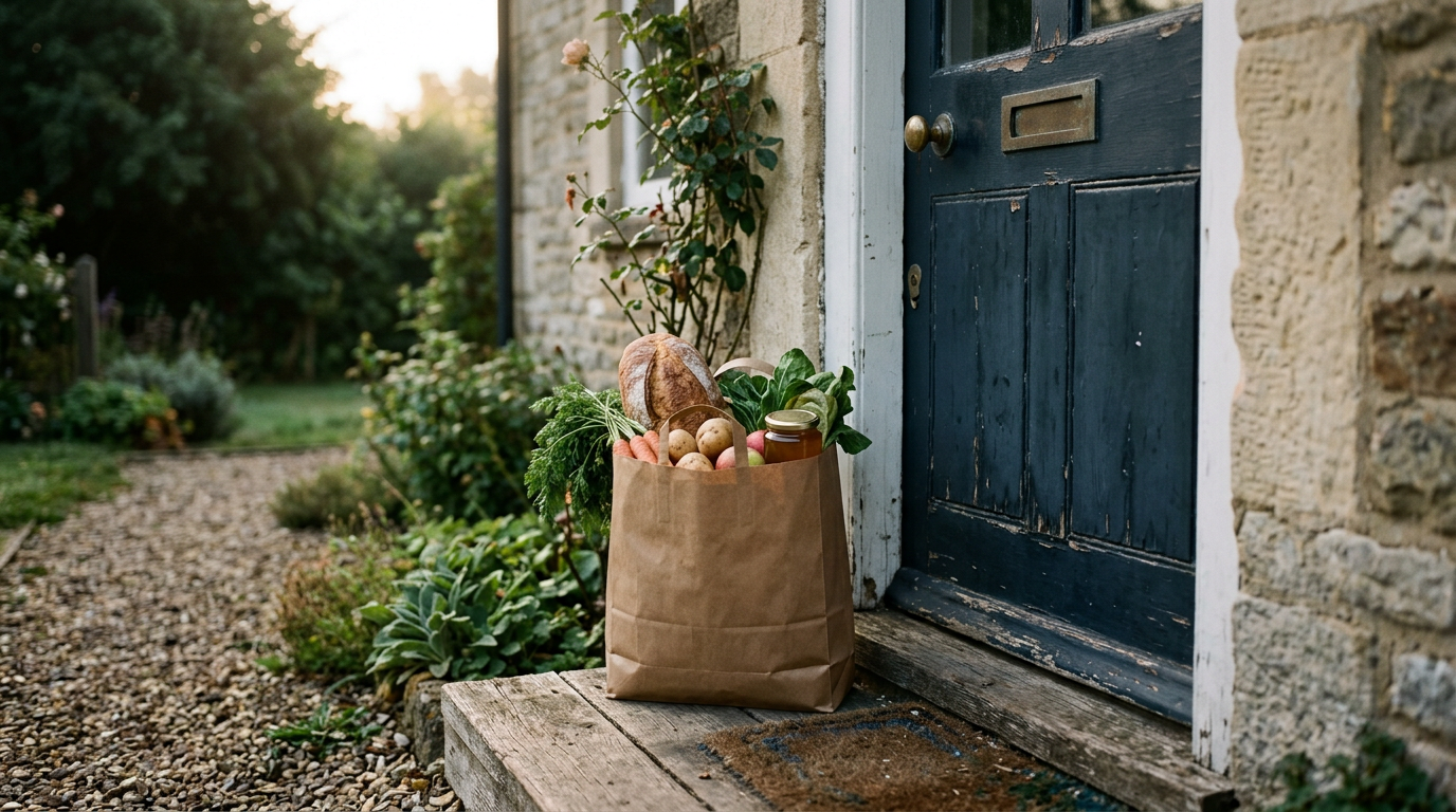 A paper bag filled with groceries rests quietly on a doorstep in soft early-morning light.