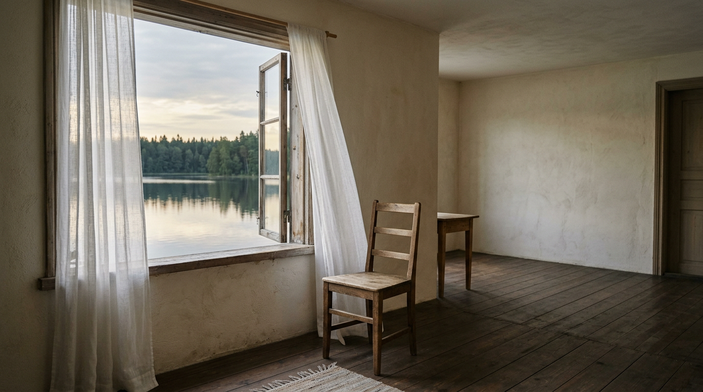 An empty wooden chair rests beside an open window overlooking still water in the soft light of early morning.