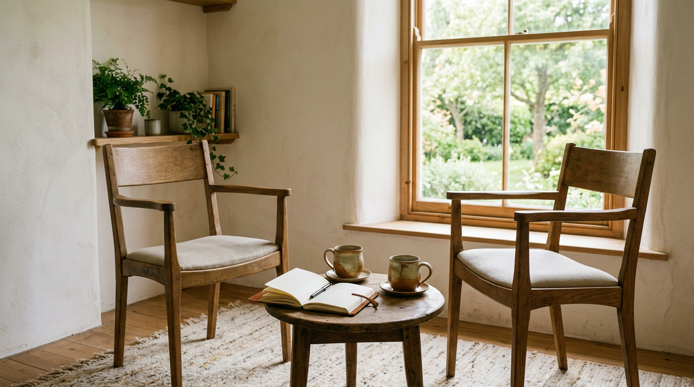 Two wooden chairs face one another beside a small table with an open journal and two cups in soft morning light.