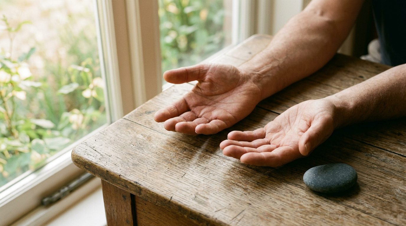 Open hands rest palms upward on a wooden table beside a small stone in gentle morning light.