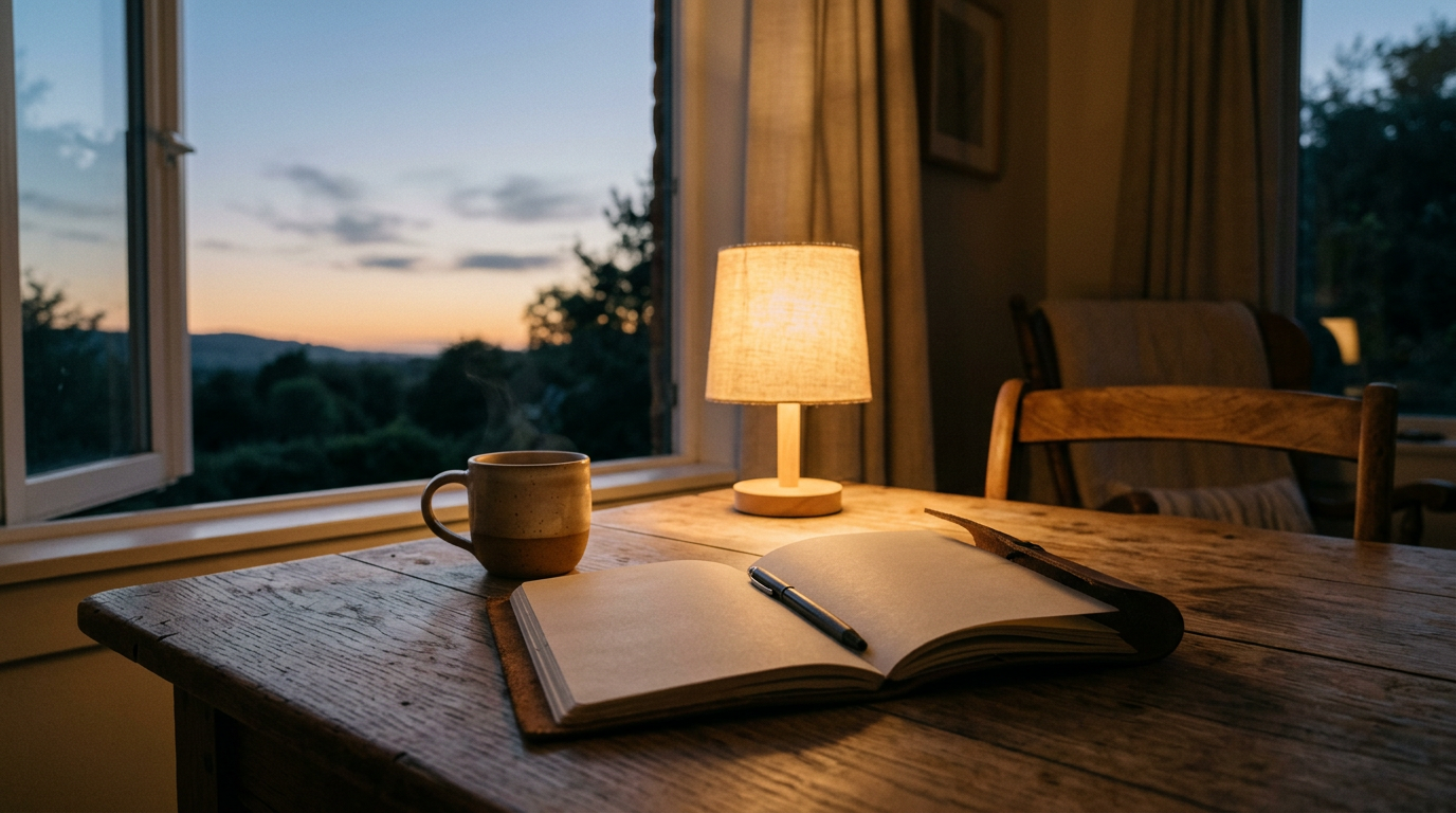An open journal and warm cup rest beside a window as golden evening light fades into a deep blue sky.