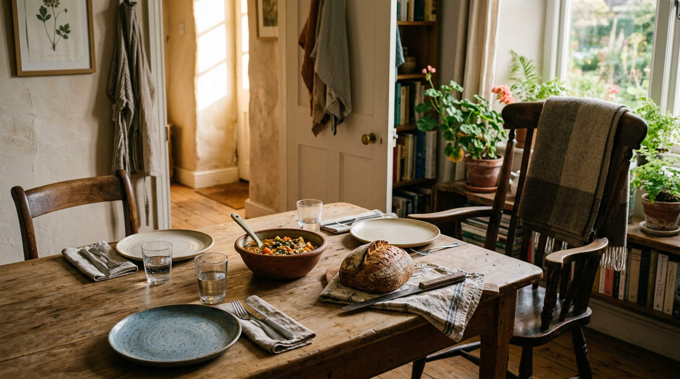 A simple table with bread, food, and mismatched dishes includes an open chair beside a sunlit doorway.