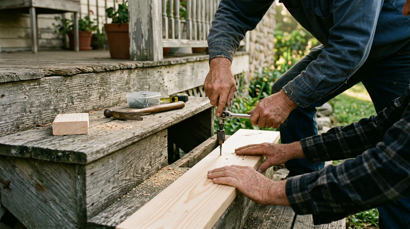 Two people work together to repair a worn wooden porch step in warm morning light.