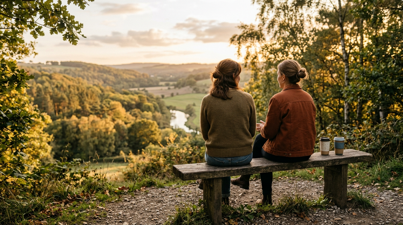 Two friends sit side by side on a wooden bench, sharing a quiet conversation in warm evening light.