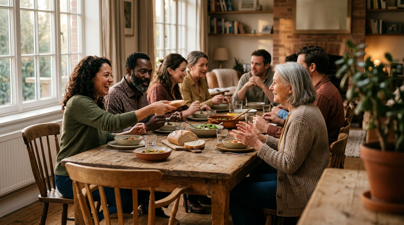 A diverse group shares a simple meal around a wooden table, with an open chair waiting in the warm afternoon light.