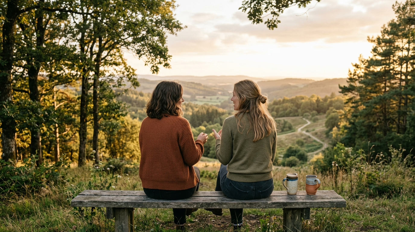 Two friends sit side by side on a wooden bench, sharing a quiet conversation in warm evening light.