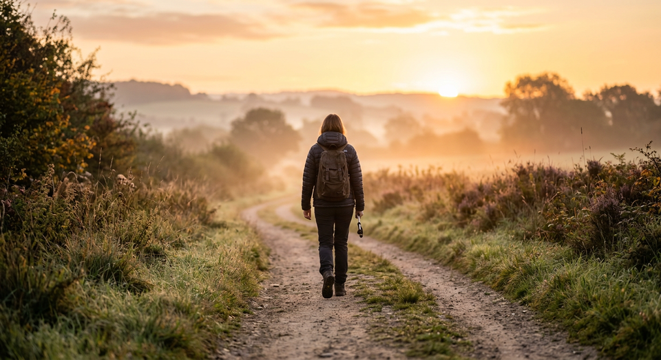 A person walking along a path toward morning light, symbolizing following and renewed calling.