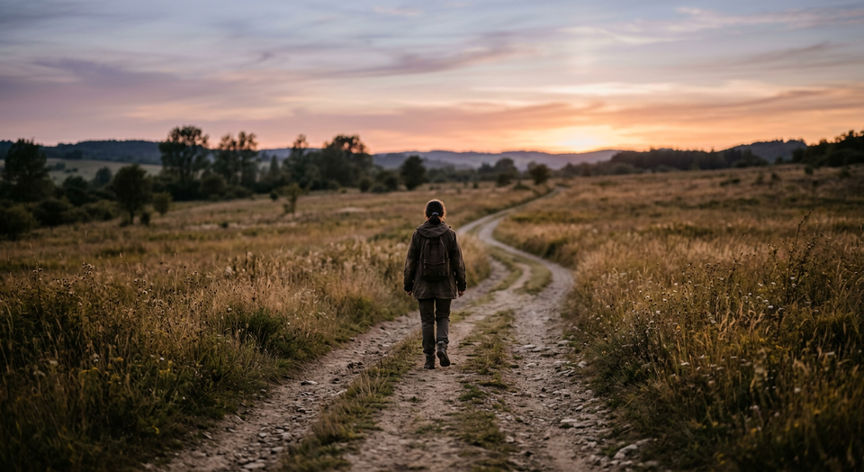 A person walking along a long quiet path at sunset, symbolizing perseverance and continuing forward.