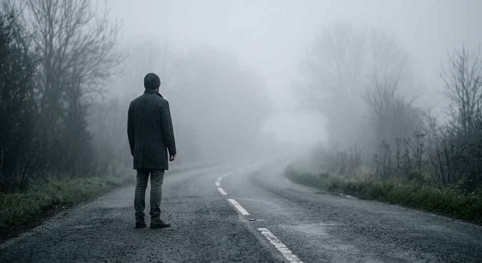 A person standing on a road looking into fog, symbolizing uncertainty and unmet expectations.