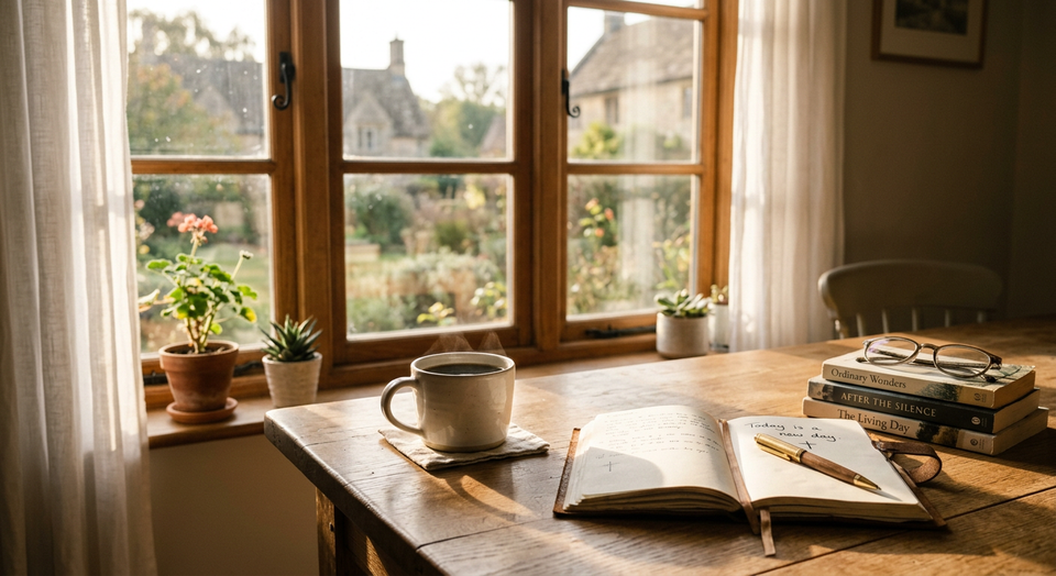 Morning sunlight shining onto a simple table with a cup of coffee, symbolizing everyday life after Easter.