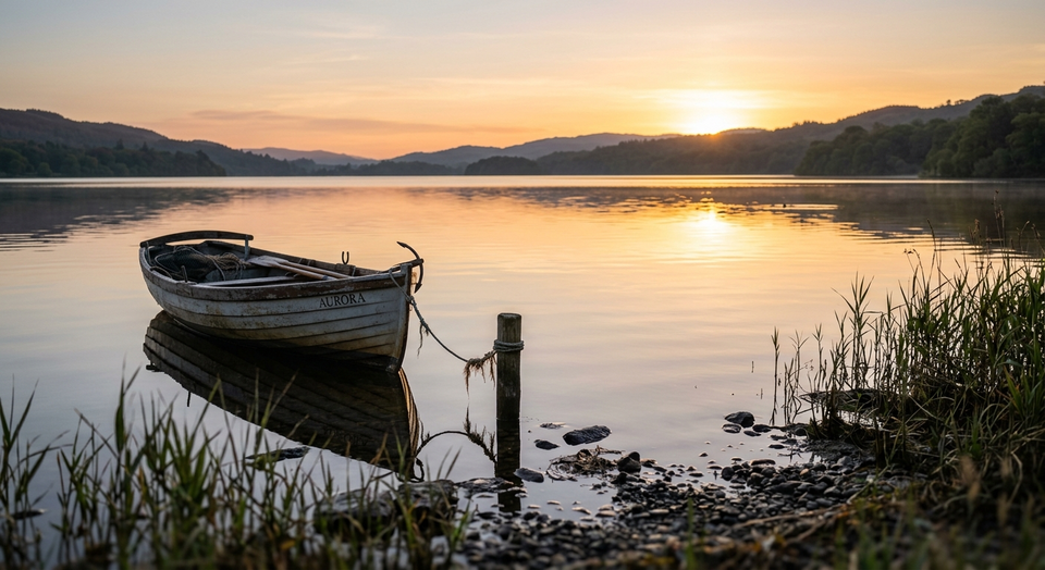 A small boat by a quiet lakeshore at sunrise, symbolizing returning to ordinary work after Easter.