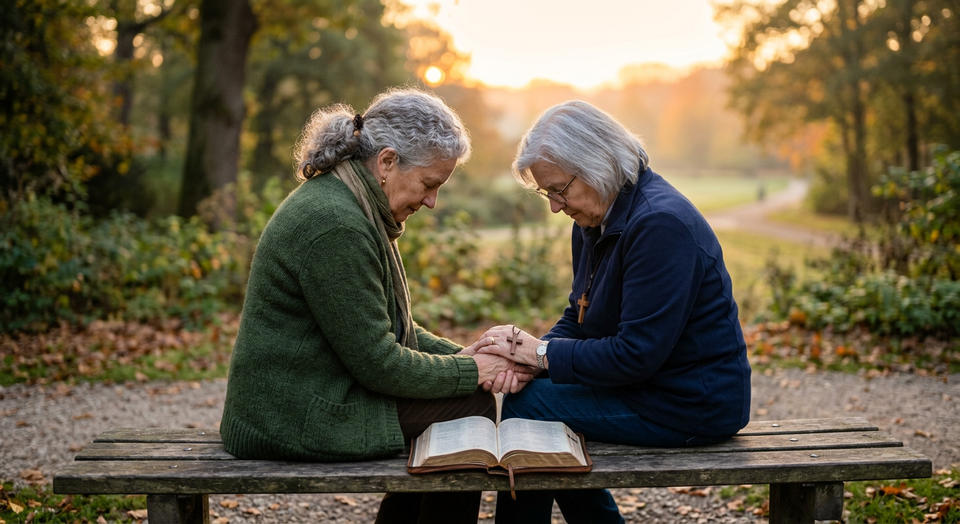 Two friends praying together on a park bench at sunrise with an open Bible between them, symbolizing shared faith and mutual