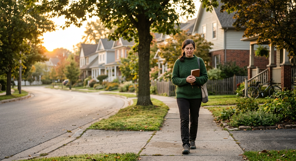 A person walking prayerfully through a neighborhood at sunrise, symbolizing blessing the community and noticing God's presenc