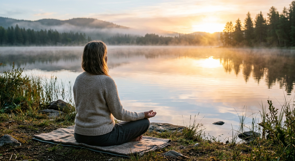 A person sitting beside a calm lake at sunrise with open hands, symbolizing emotional honesty, surrender, and Welcoming Praye