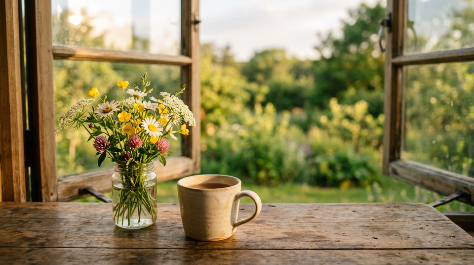 Wildflowers and a ceramic cup rest on a wooden table as warm morning sunlight streams through an open window.