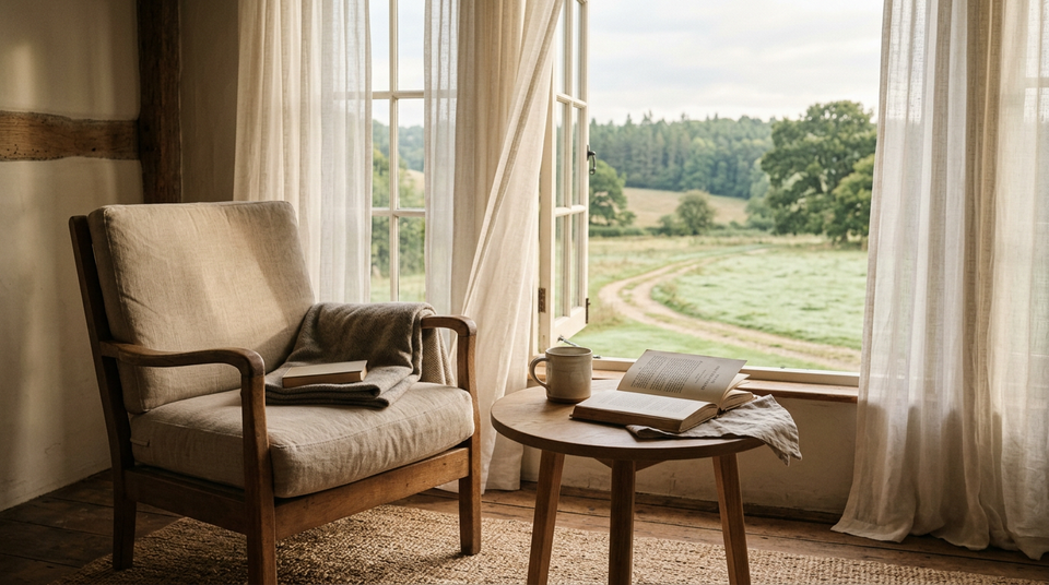 An empty wooden chair rests beside a sunlit window overlooking a peaceful meadow, with an open book and ceramic cup nearby.