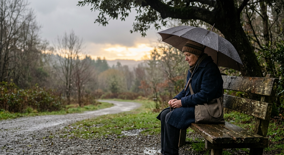 A person sitting quietly beneath a gentle rain with light breaking through the clouds, symbolizing lament, honest prayer, and