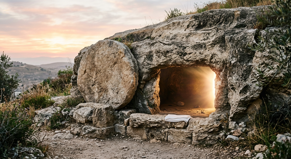 An empty tomb with light shining from within, symbolizing resurrection and hope.