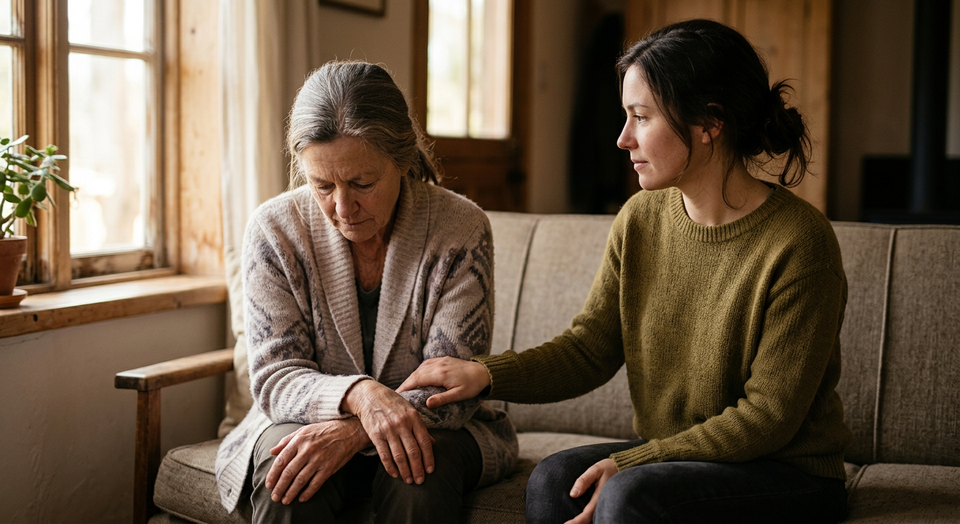 A person sitting quietly beside someone who is hurting, symbolizing compassion, attentive presence, and Christlike care.