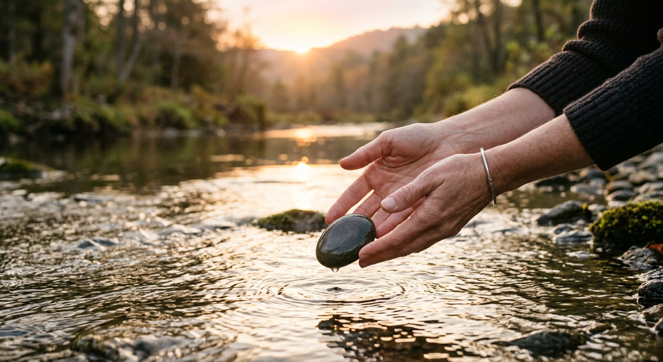 Open hands releasing a stone into a quiet stream in soft morning light, symbolizing forgiveness, healing, and surrender.