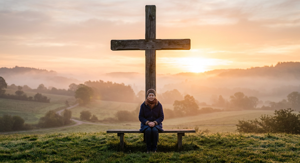 A solitary person sitting quietly beneath a cross at sunrise, symbolizing Christ's presence, hope, and companionship in suffe