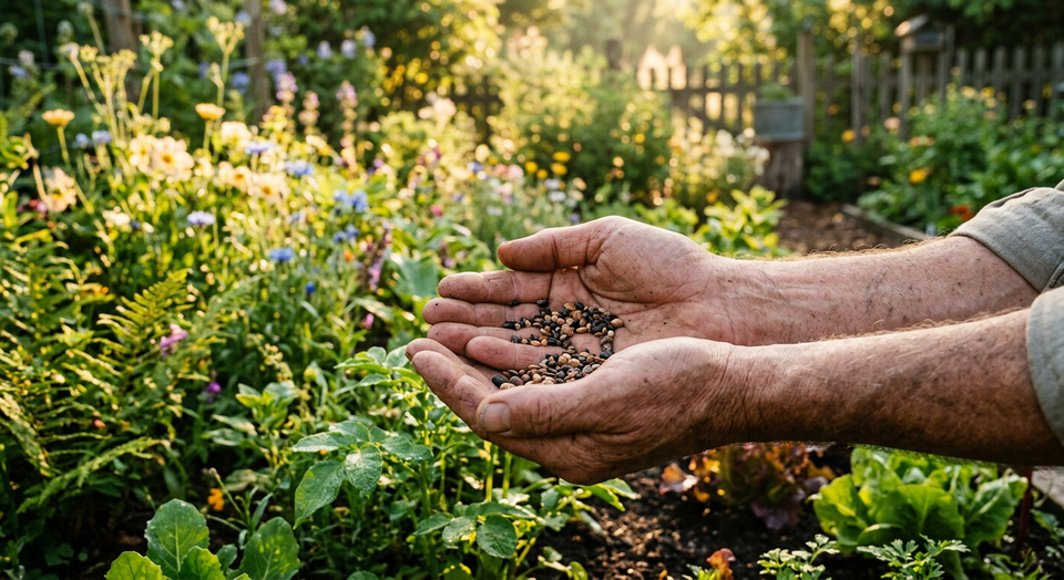 Open hands holding seeds in the morning light, symbolizing faithful stewardship, gratitude, and caring for God's gifts.