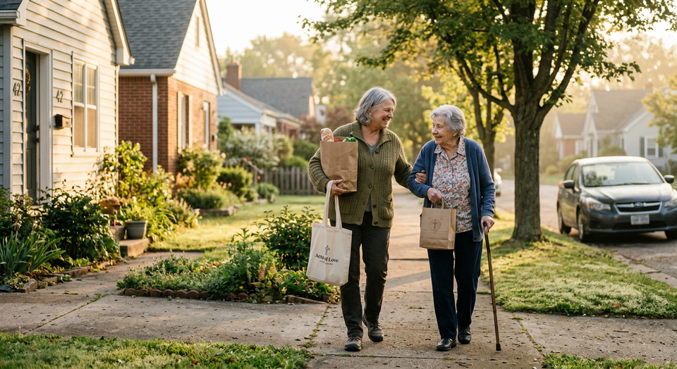 Someone helping a neighbor in warm morning light, symbolizing Christian witness through everyday acts of love and faithfulnes