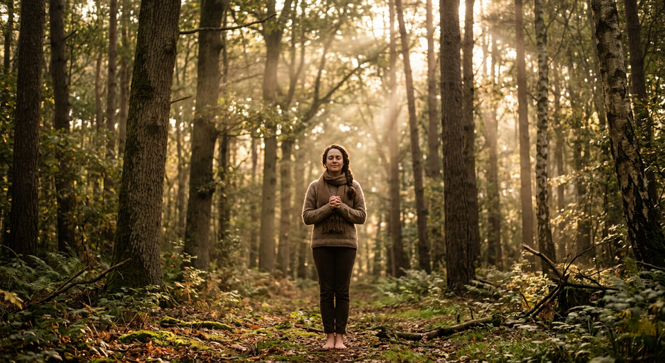 A person standing quietly in a sunlit forest, breathing peacefully and reflecting the practice of continual prayer and awaren