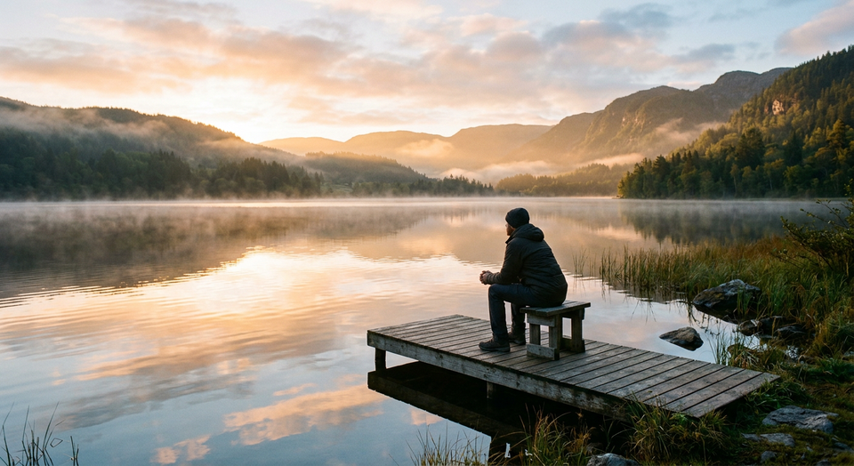 A person sitting quietly beside a still lake at sunrise, symbolizing contemplative prayer, peaceful attentiveness, and restin