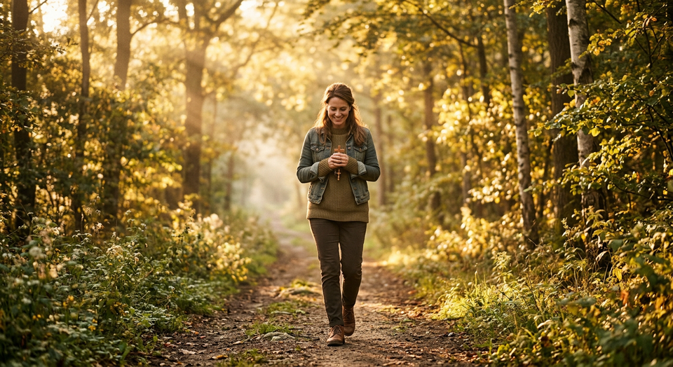 A person walking along a peaceful path at sunrise, reflecting the practice of conversational prayer and continual communion w